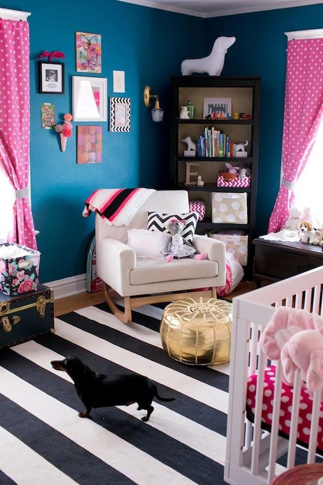 Dark Blue Walls Pink Polka Dots