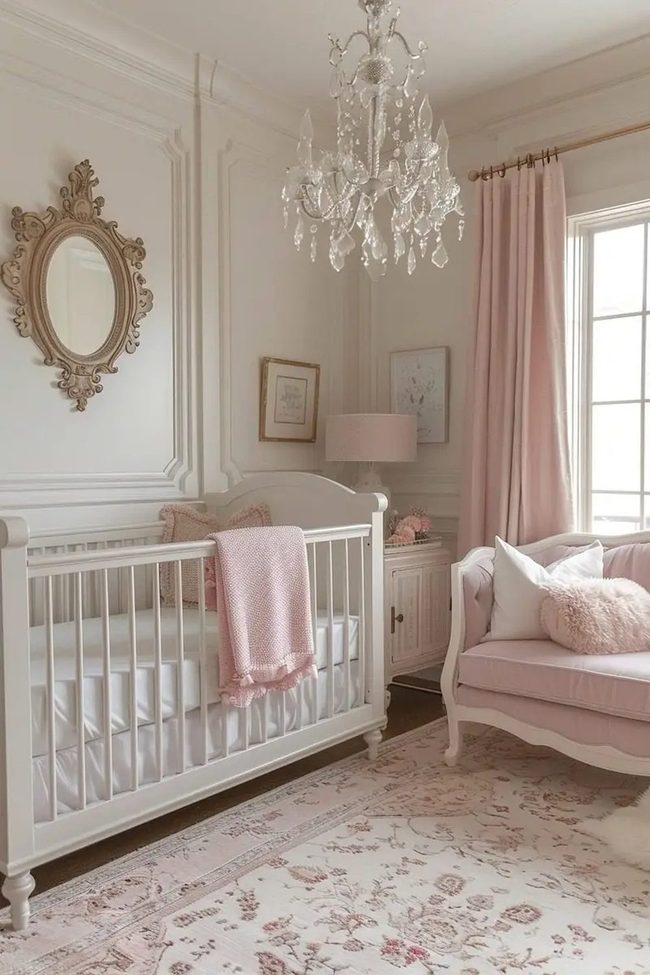 Pink Molded Nursery With Crystal Chandelier