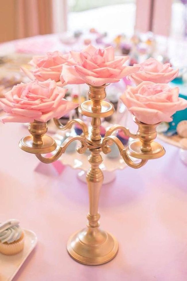 Pink Roses In Golden Candlestick