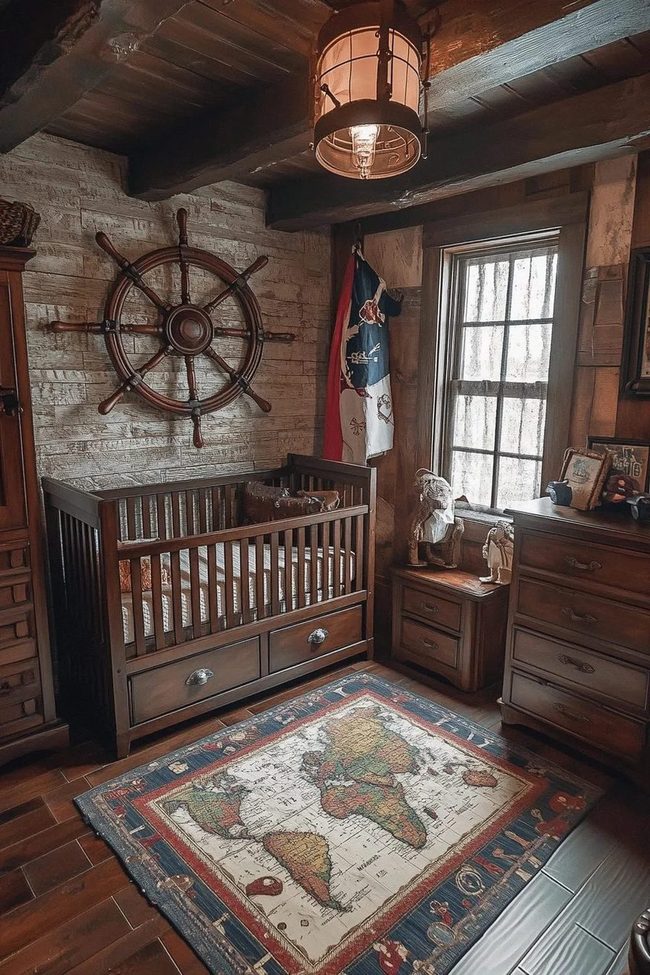 Vintage Map Rug, Wooden Nautical Room