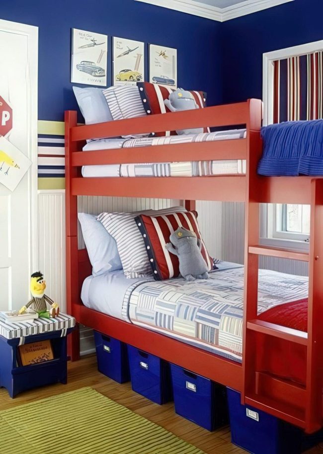 Red Bunk Beds, Navy Walls