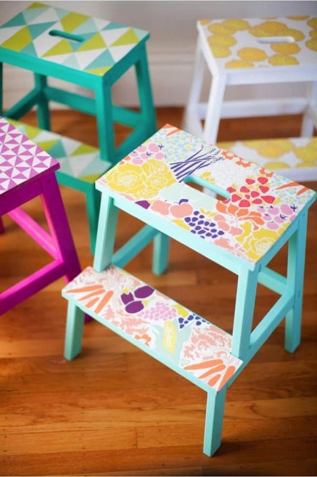 Colorful Decoupage Paper Kids Stool