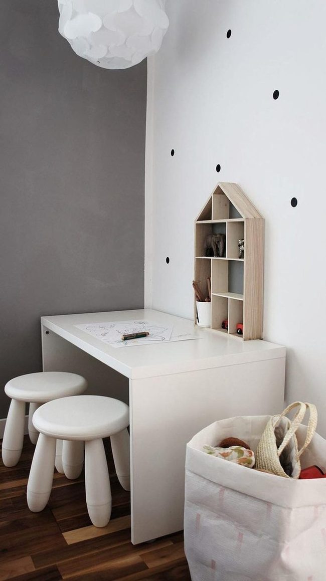 Gray Workspace, Wooden Shelf Storage