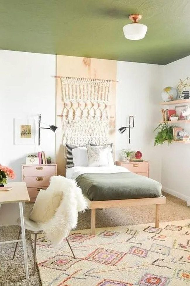 Green Ceiling White Walls Bedroom