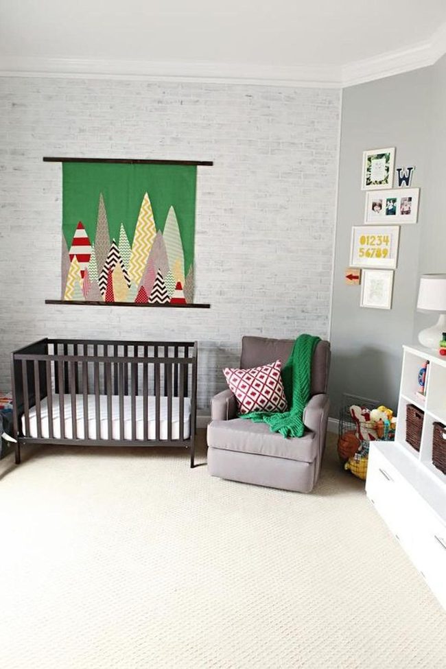 Gray Brick Nursery With Dark Wood