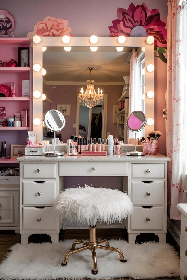 Pink Mirror Lights Hollywood Beauty Station