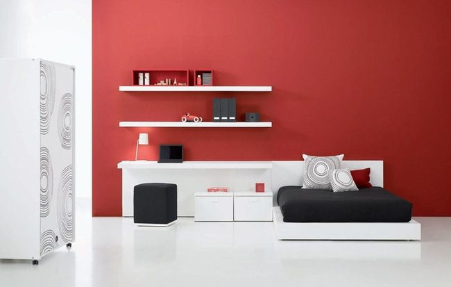 Red Walls, White Furniture, Black Contrast