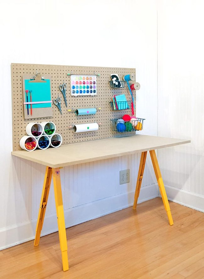 Yellow-Legged Workspace With Pegboard Storage