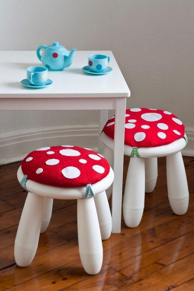 Red Spotted Stools With Blue Teapot