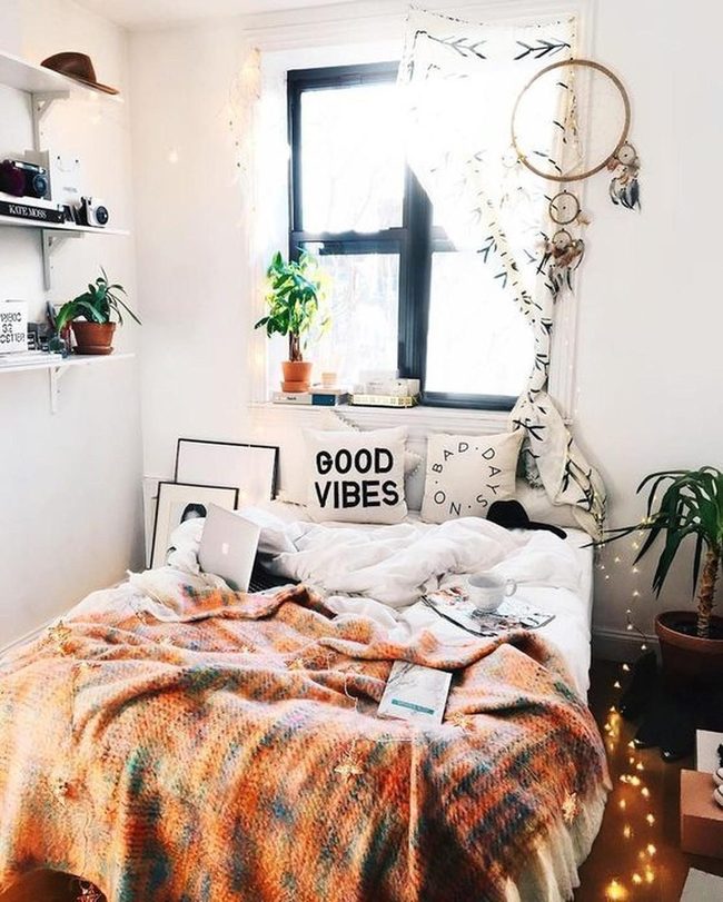 Sunlit Bedroom With Good Vibes Pillows