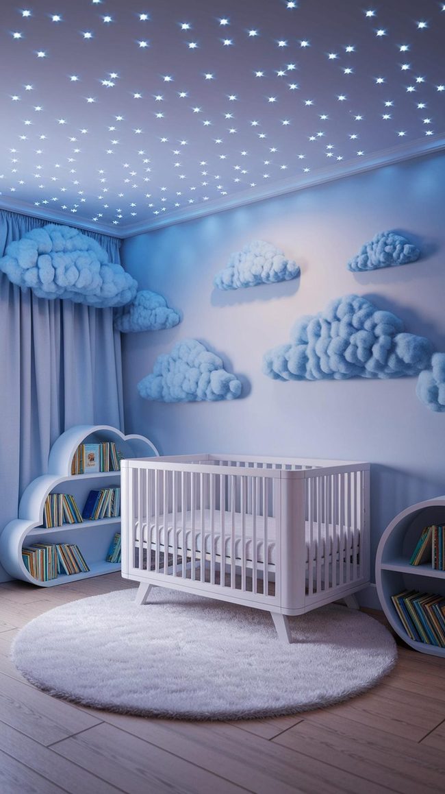 Pastel Blue Nursery With Overhead Stars