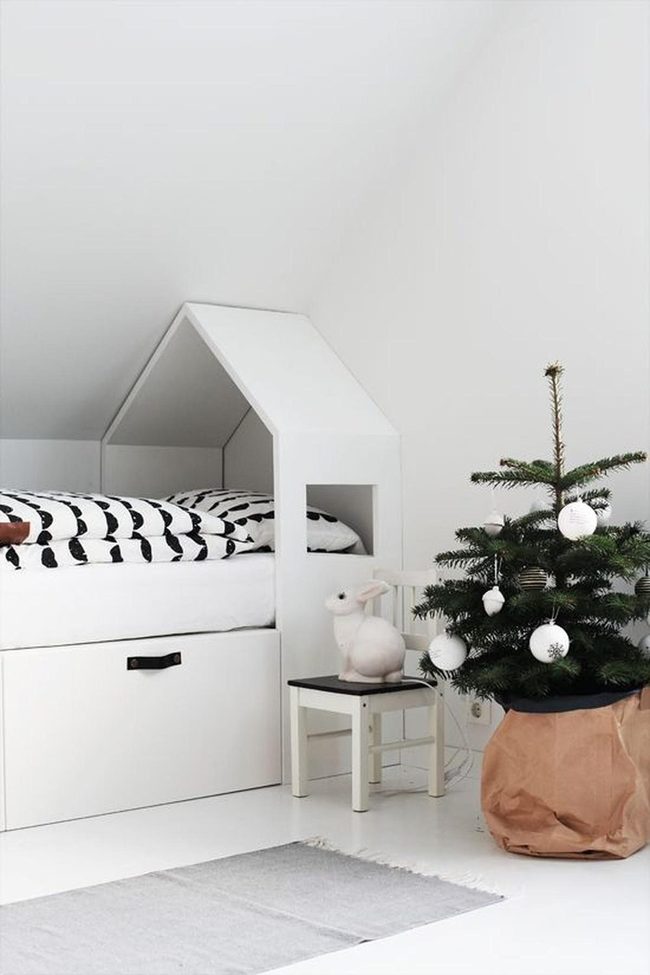 White Scandinavian Bedroom With House-Shaped Bed