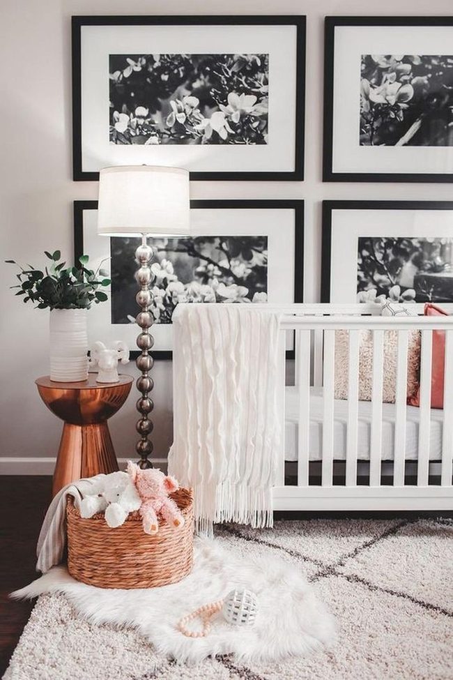 White Crib, Black Florals, Copper Details