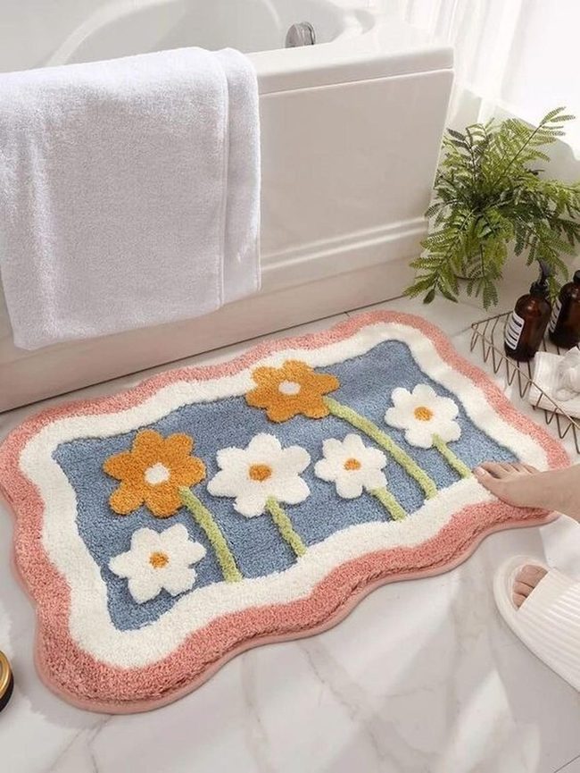 Orange Floral Blue Bathroom Mat