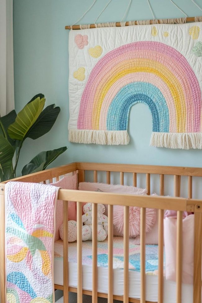 Rainbow Quilt With Handmade Wall Hanging