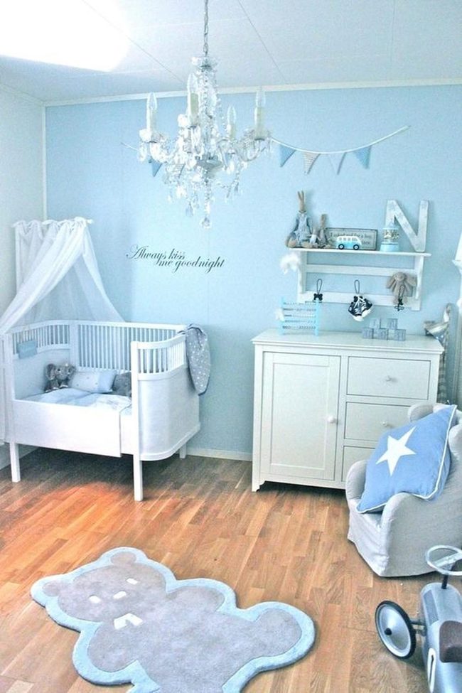 Light Blue Nursery With Canopy Crib