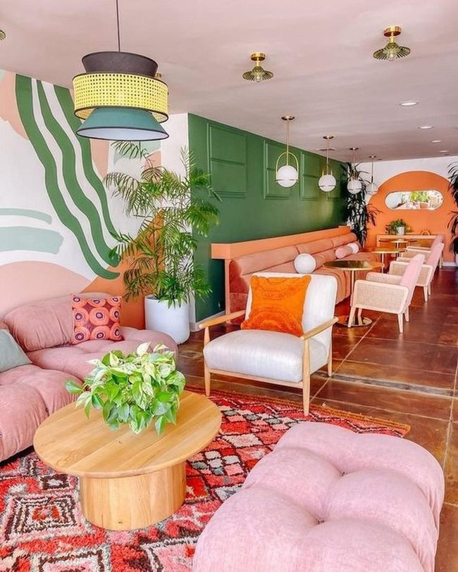 Green Walls, Natural Wood, Geometric Rugs