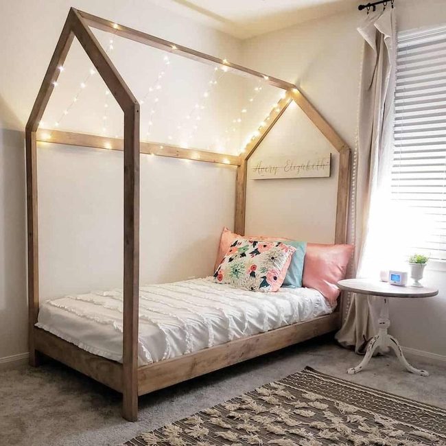 Stained Wood House Bed, Twinkling Lights