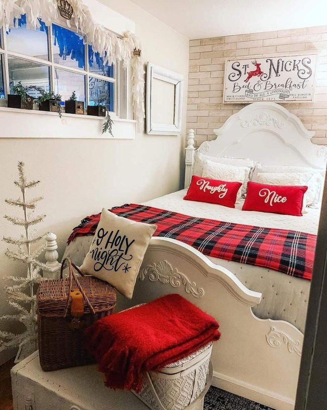 Red And White Farmhouse Bedroom
