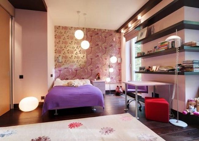 Purple Bed, Floral Walls, White Dog