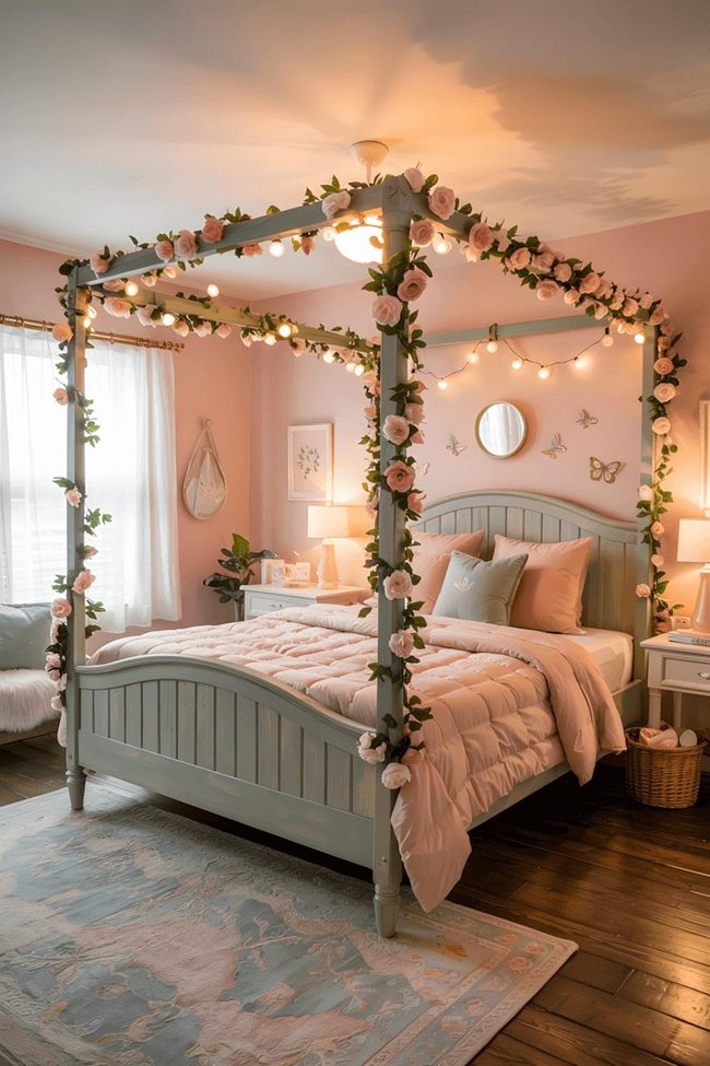 Mint Green Bed With Butterfly Wall Decals