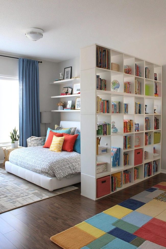 Tall Bookcases Divide Bedrooms