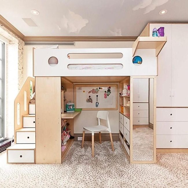 Light Wood Bunk With Study Nook