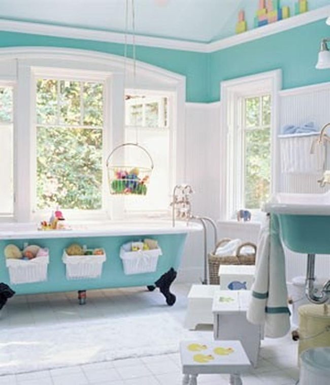 Blue Bathroom With Vintage Clawfoot Tub