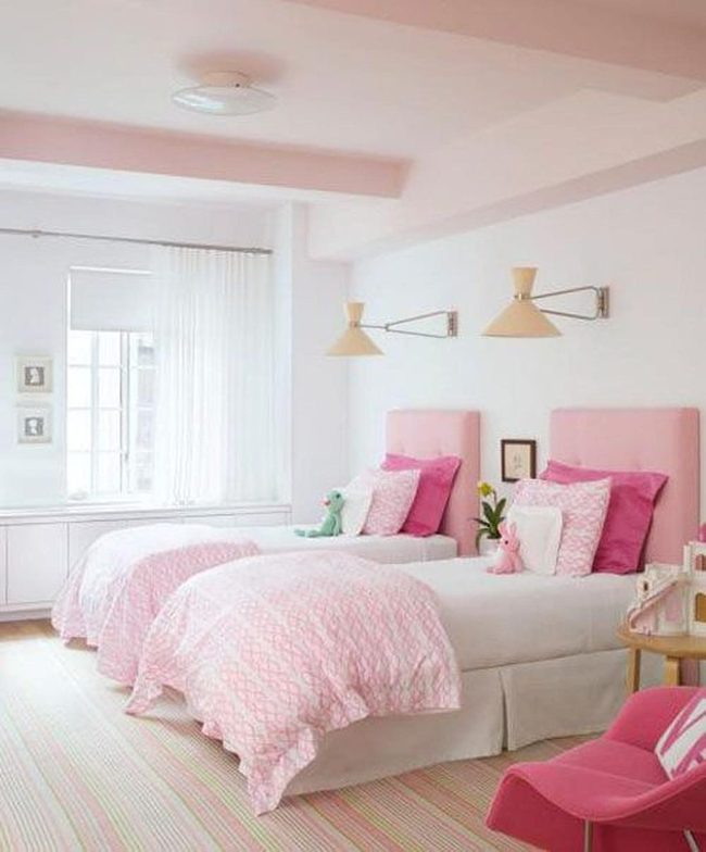 Pink Headboards, White Sheets, Bright Bedroom