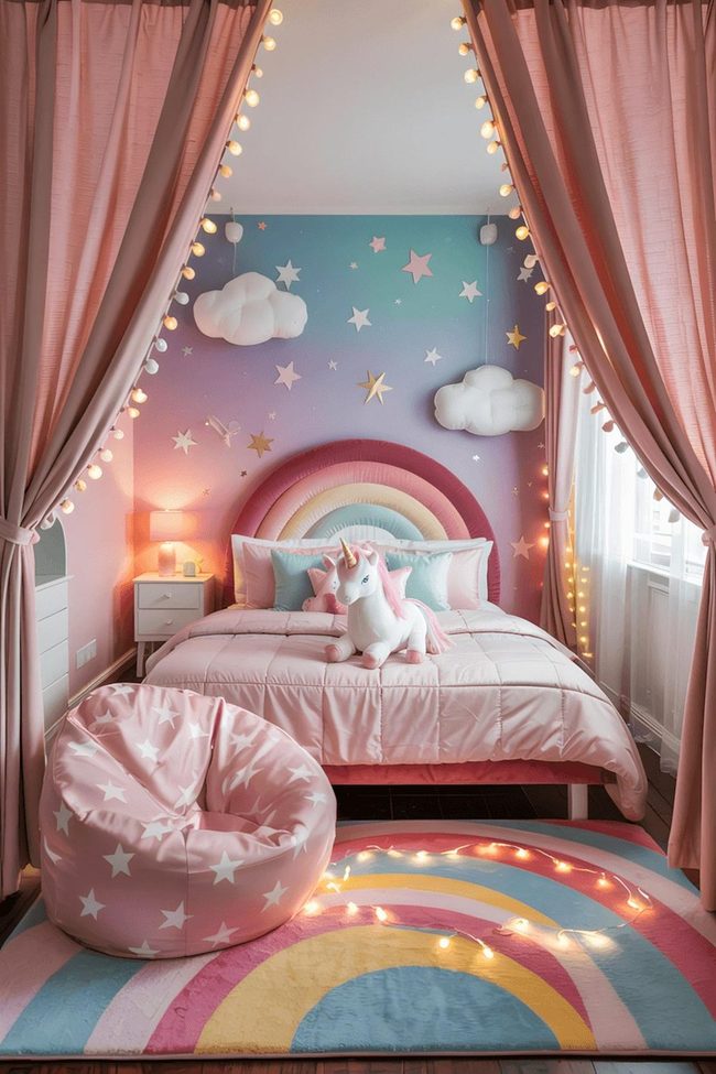 Gradient Blue-Pink Wall With Rainbow Unicorn Headboard