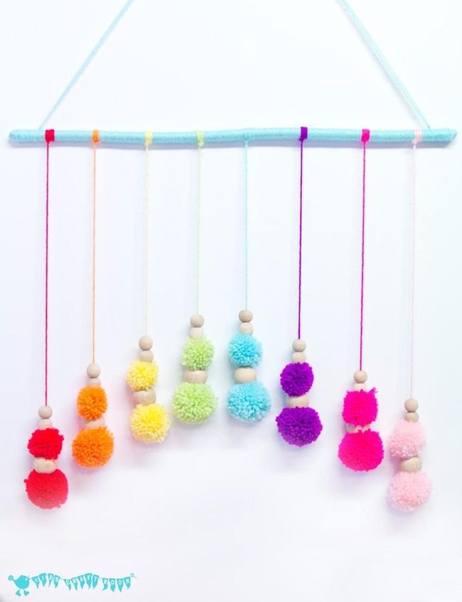 Rainbow Pom-Poms With Wooden Beads