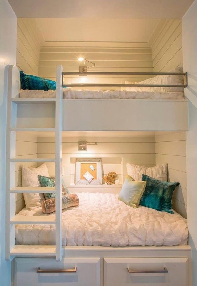 White Wood Bunks, Blue Green Accents