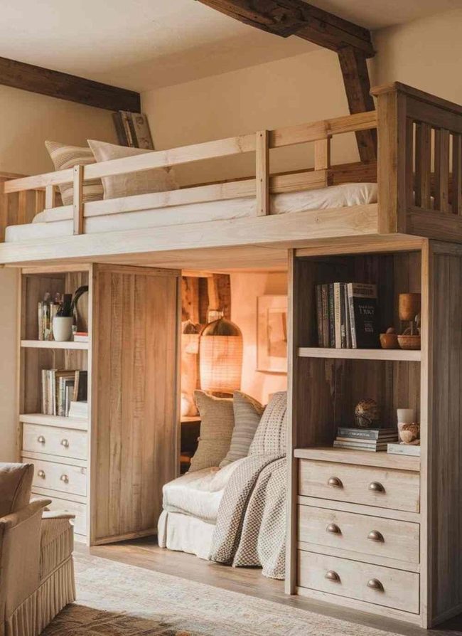 Pine Grain Loft With Built-In Shelves