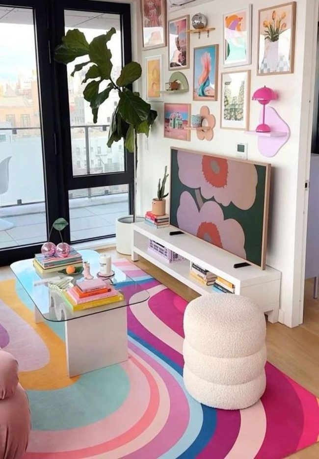 Colorful Striped Rug Anchors Bold Room