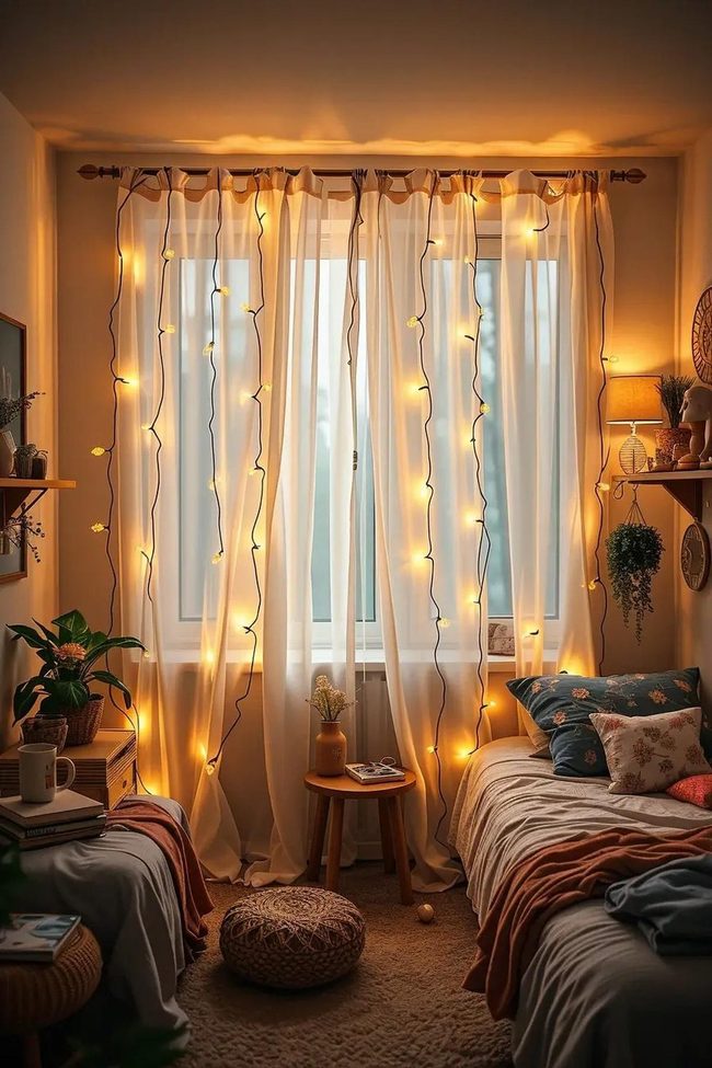 Warm Lanterns Behind Sheer Fabric