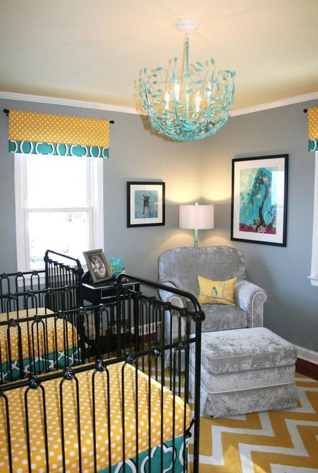 Gray Walls, Yellow Pops, Twin Cribs