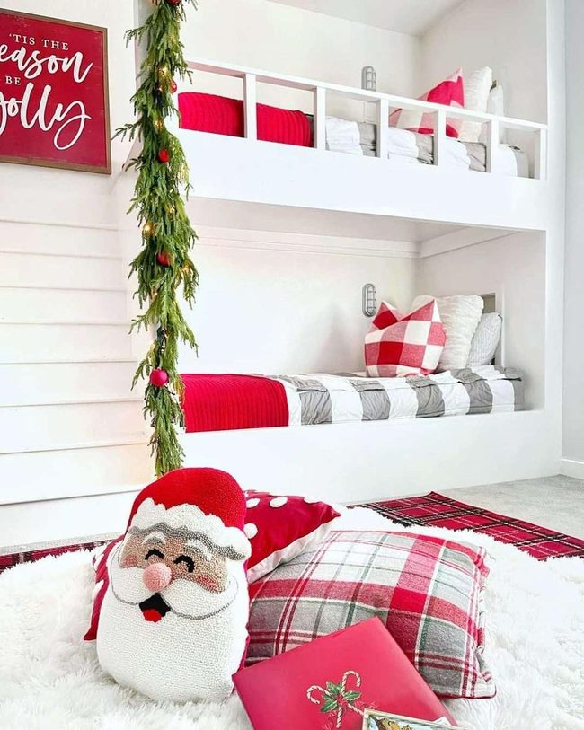 White Bunk Beds With Striped Red Accents
