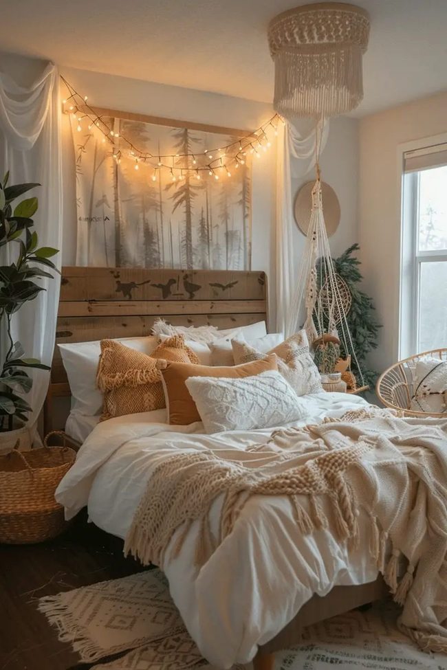 Warm String Lights Bohemian Bedroom