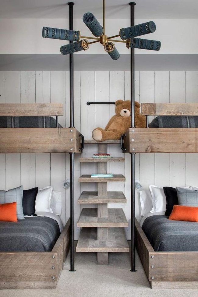 Blue Cylinder Chandelier, Natural Wood Bunks