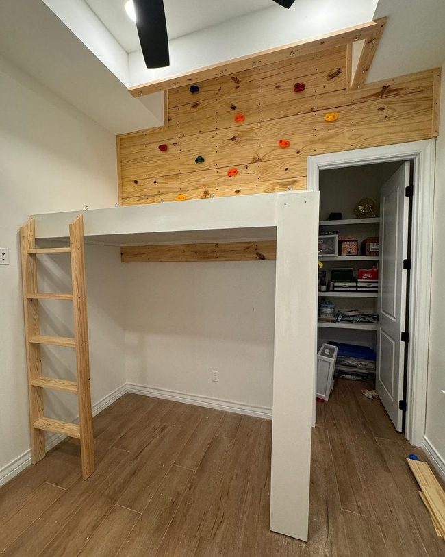 Natural Wood Loft With Climbing Wall