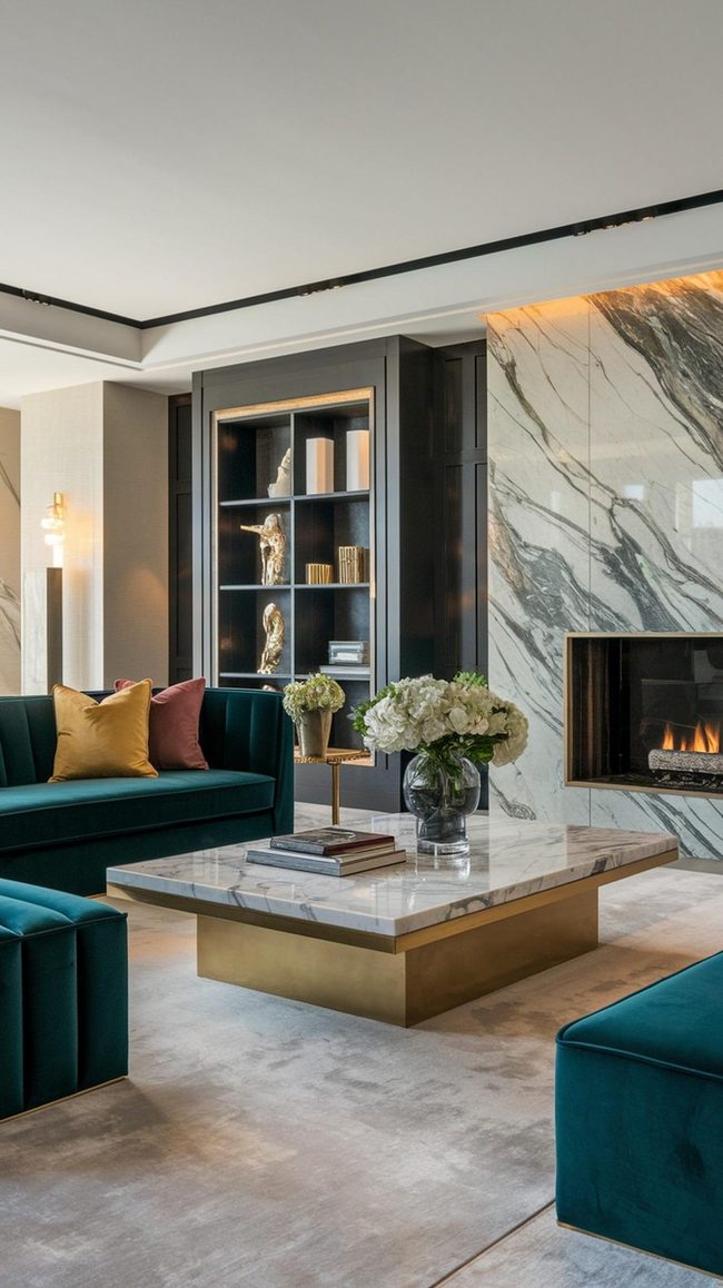 Gold-Trimmed Feature Walls With Marble Fireplaces