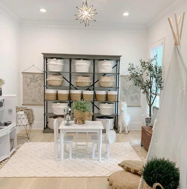 Black Shelves, Wicker Warmth, White Play Space