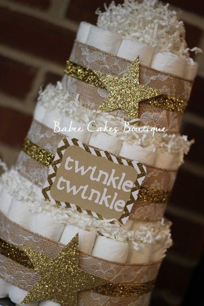 White Diaper Cake With Gold Starlight