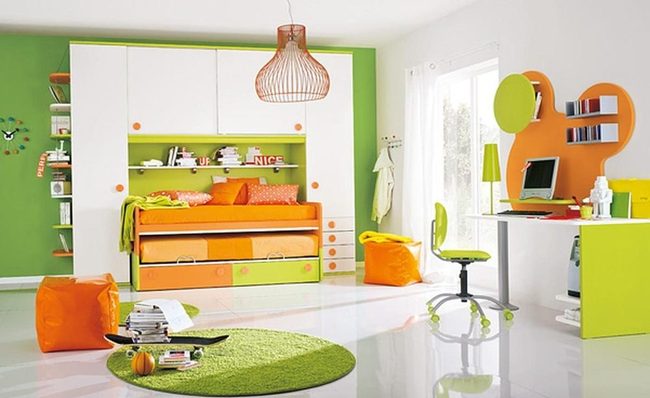 Orange Bean Bags, Green Rug Workspace