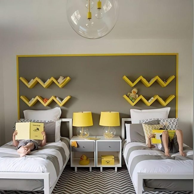 Yellow Zigzag Shelves Shared Bedroom
