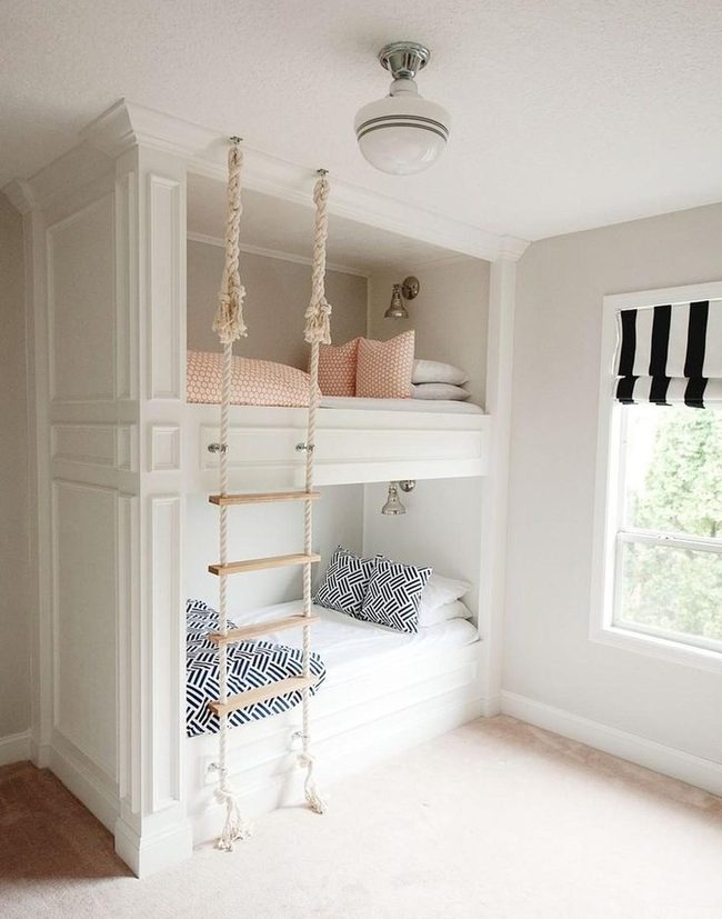 White Bunk Beds Pink Accents Black Patterns