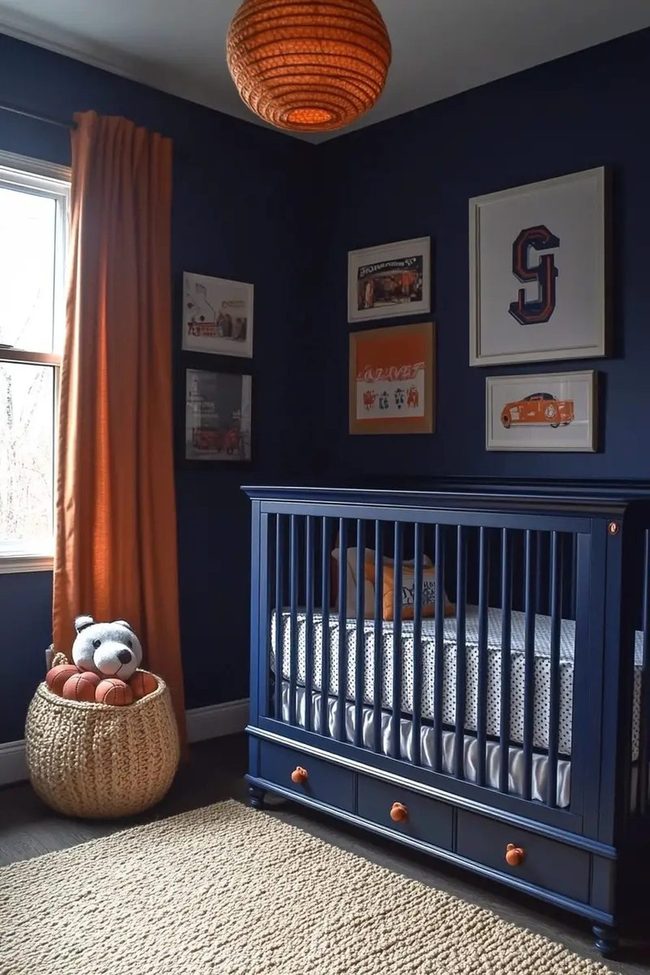 Navy Blue Nursery With Orange Accents