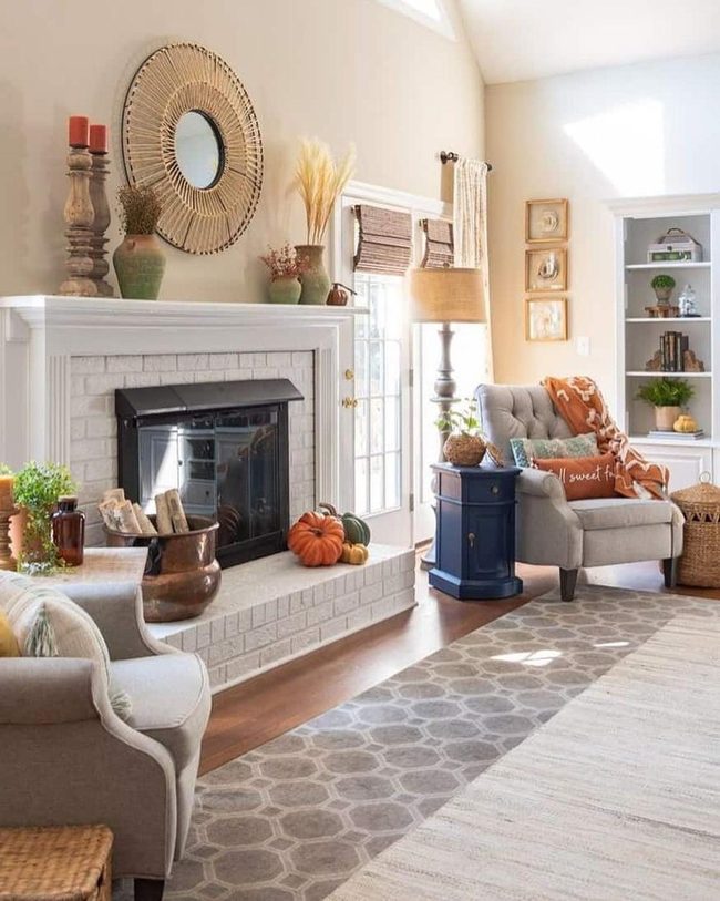 Autumn Pumpkins White Brick Fireplace