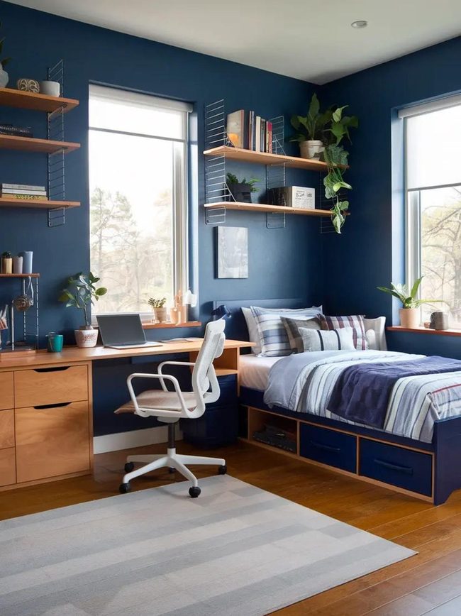 Deep Navy Bedroom with Warm Light