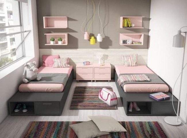 Pink Twin Beds, Striped Pillows